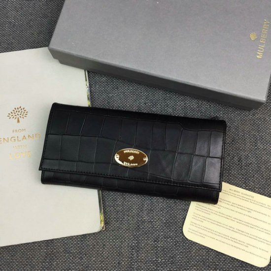 2016 Latest Mulberry Continental Wallet Black Deep Embossed Croc Print - Click Image to Close