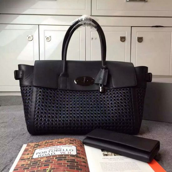 2015 Mulberry Bayswater Buckle Bag Midnight Blue & Black Woven Leather & Flat Calf - Click Image to Close