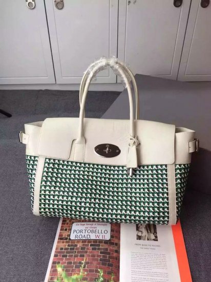2015 Mulberry Bayswater Buckle Bag Jungle Green & Cream Woven Leather & Flat Calf - Click Image to Close