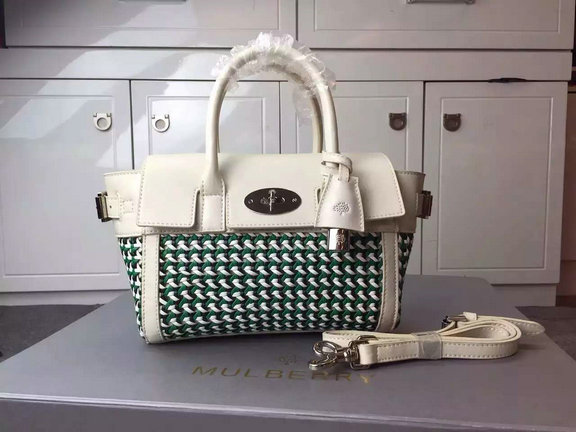 2015 Mulberry Mini Bayswater Buckle Bag Jungle Green & Cream Woven Leather & Flat Calf - Click Image to Close