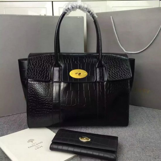 2016 Latest Mulberry New Bayswater Bag in Black Polished Embossed Croc Leather - Click Image to Close