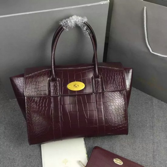 2016 Latest Mulberry New Bayswater Bag in Oxblood Polished Embossed Croc Leather - Click Image to Close