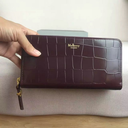2016 Latest Mulberry Zip Around Wallet Oxblood Polished Embossed Croc - Click Image to Close