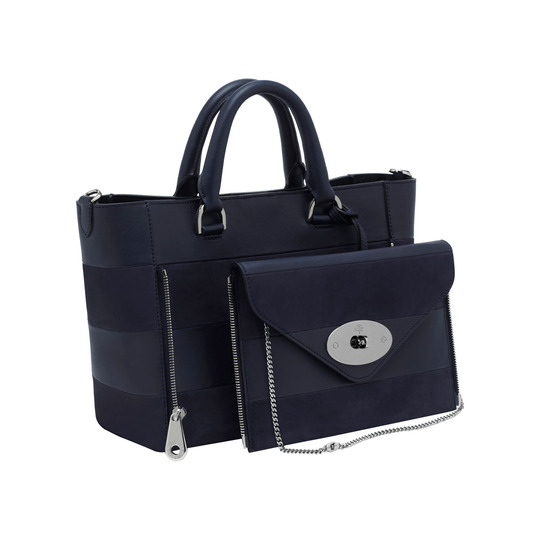 Mulberry Small Willow Tote Midnight Blue Silky Classic Calf & Nubuck Stripe - Click Image to Close